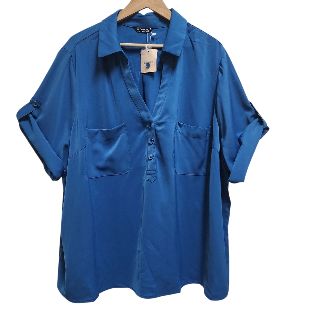 BloomChic Blouse Womens 26 Blue Roll Tab Short Slv Popover Pockets Lightweight